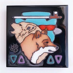 Masterworks Ceramic‎ Native American Tile Art Trivet Handmade USA Wolf 4" X 4"